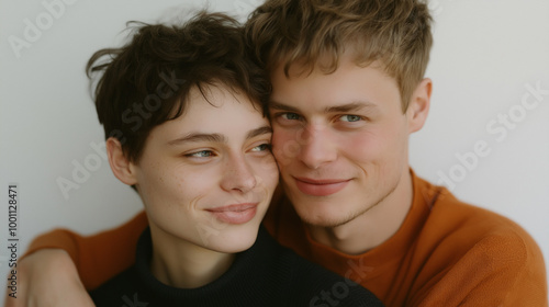 A young couple smiling and embracing, looking at each other with warmth and affection, reflecting a close, loving bond.