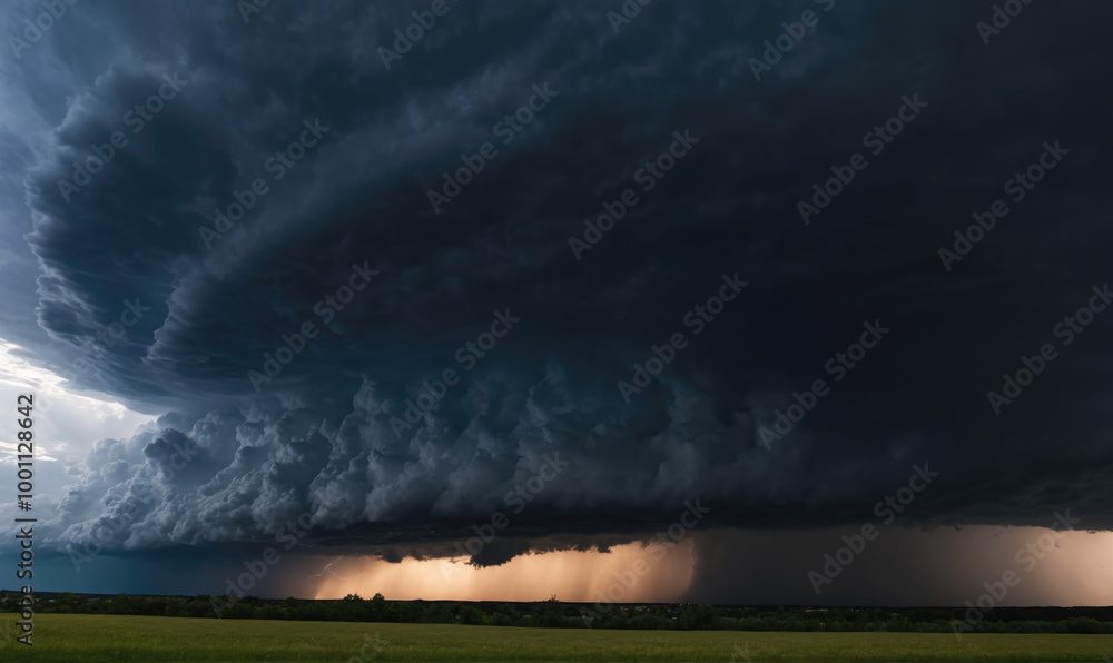 A large, dark storm cloud looms over a green field, casting a shadow as it rains A large, dark storm cloud looms over a green field, casting a shadow as it rains