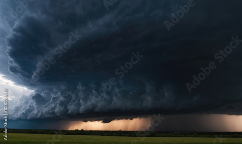 A large, dark storm cloud looms over a green field, casting a shadow as it rains