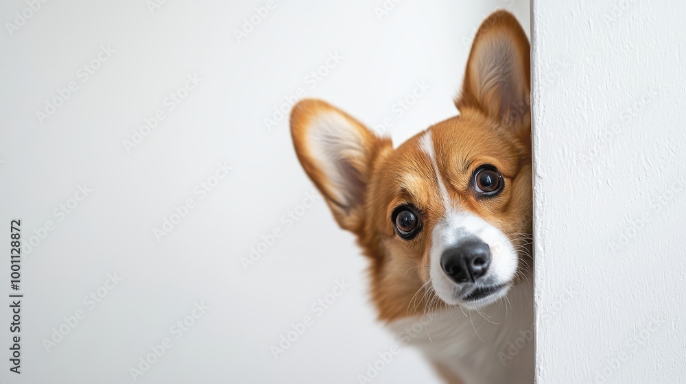 Curious Corgi peeking from behind a white wall, with a focus on its adorable expression and contrasting colors. Curious Corgi peeking from behind a white wall, with a focus on its adorable expression and contrasting colors.