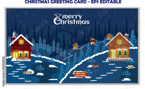 city in winter in the night with mountain view and snow in collection for christmas editable template greeting card stories template, landscape christmas background