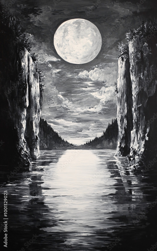 Fototapeta premium Serene Black-and-White Landscape with Tall Cliffs and Calm Water Reflection, Tranquil Nature Scene with Misty Horizon