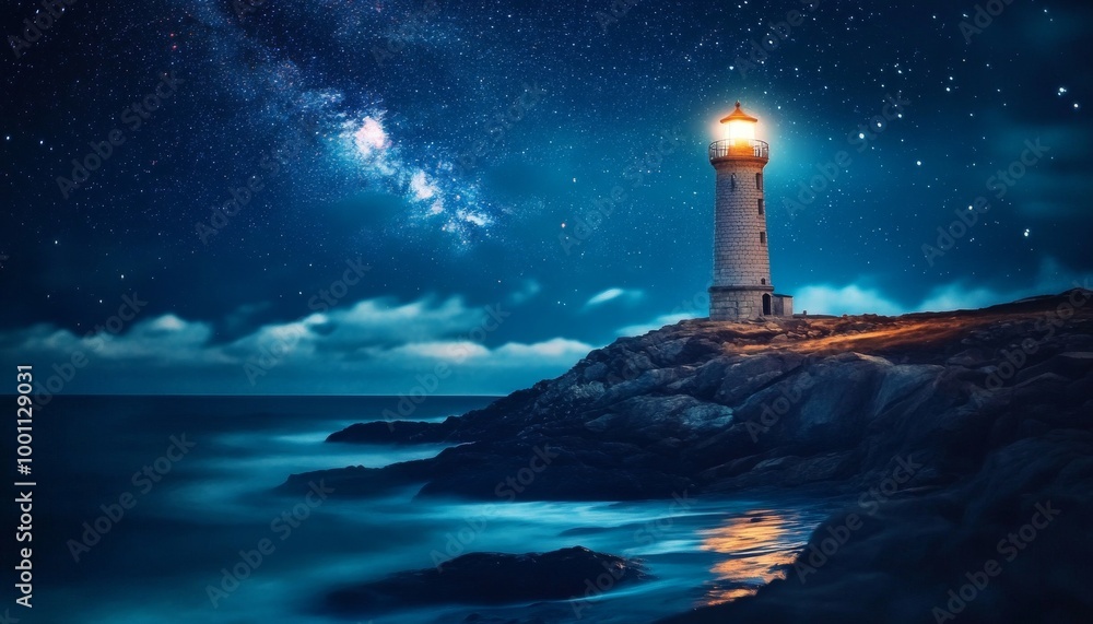 Lighthouse under the starry sky. Lighthouse beacon. Rocky coast with lighthouse. Celestial lighthouse. Lighthouse under the starry sky. Lighthouse beacon. Rocky coast with lighthouse. Celestial lighthouse.