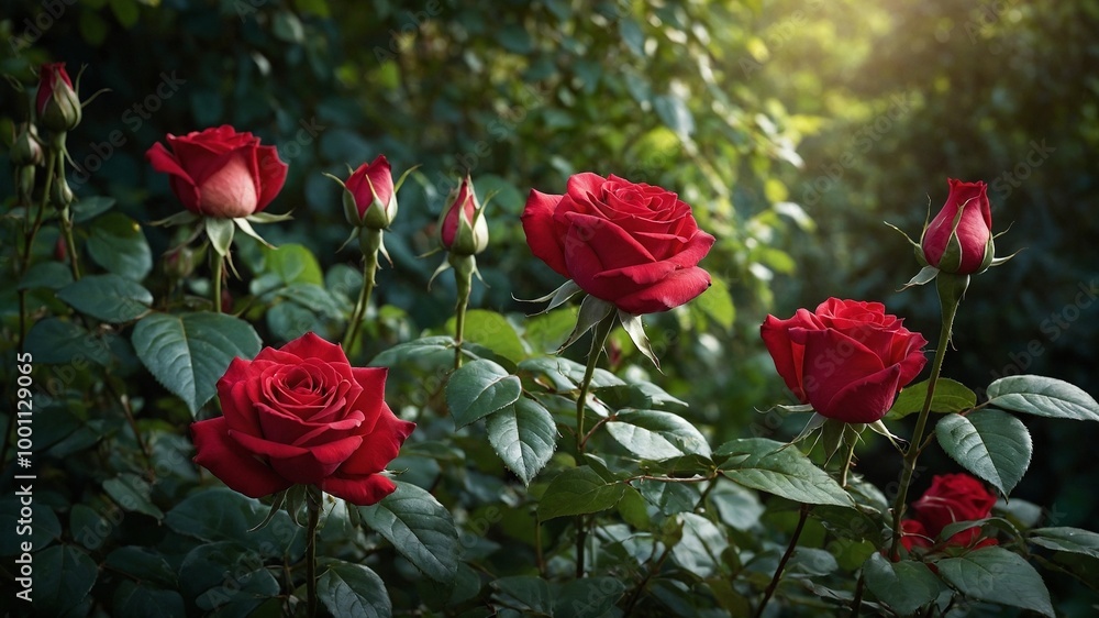 Red roses in garden with blurred green foliage in background Red roses in garden with blurred green foliage in background