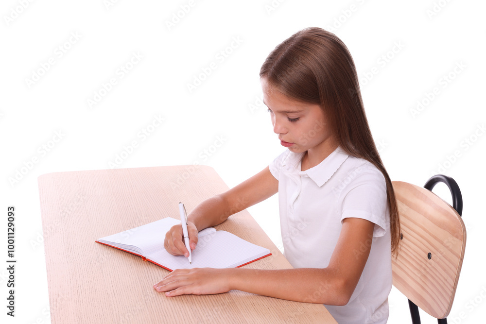 Girl with correct posture and notebook sitting at wooden desk on white background Girl with correct posture and notebook sitting at wooden desk on white background
