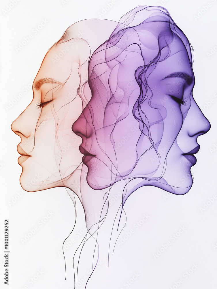 Obraz premium Abstract Line Drawing of Three Faces with Gradient Colors on a Clean White Background. Minimal style. Copy space. 