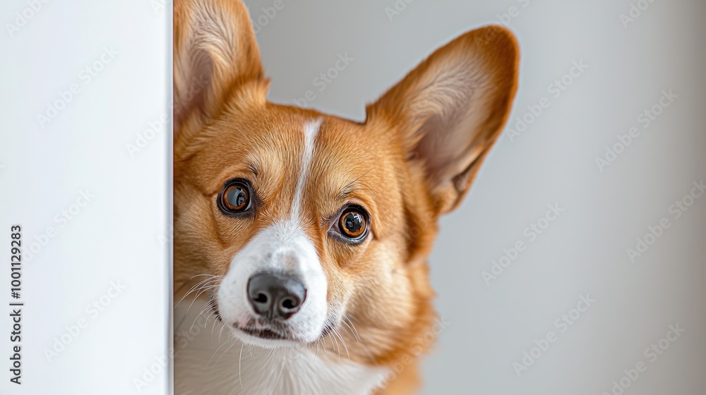 Curious Corgi peeking from behind a white wall, with a focus on its adorable expression and contrasting colors. Curious Corgi peeking from behind a white wall, with a focus on its adorable expression and contrasting colors.