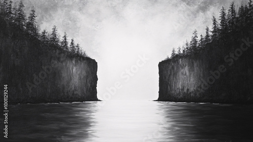 Serene Black-and-White Landscape with Tall Cliffs and Calm Water Reflection, Tranquil Nature Scene with Misty Horizon photo