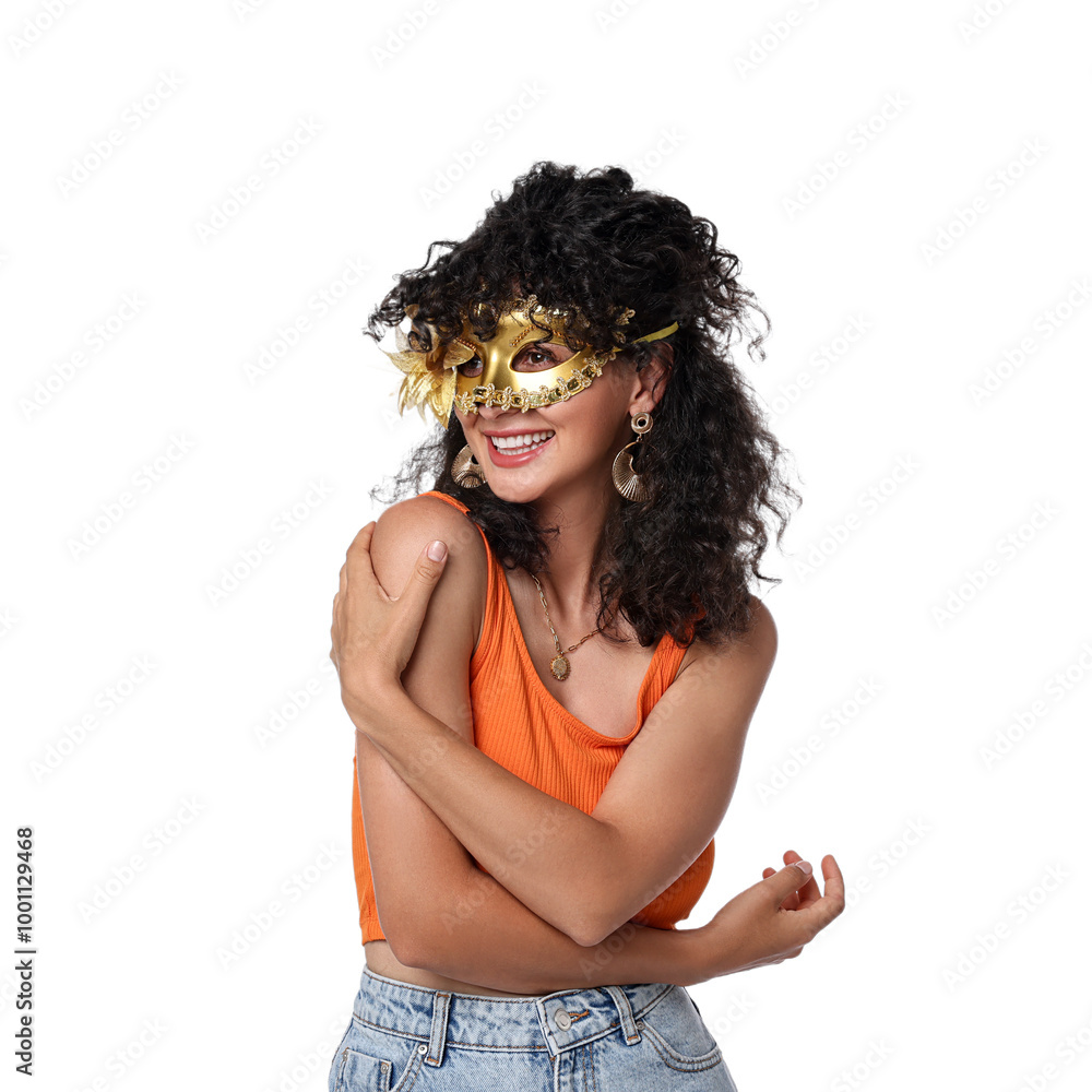 Smiling young woman in carnival mask isolated on white Smiling young woman in carnival mask isolated on white