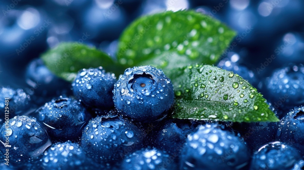 Fresh blueberries showcase their natural shine and texture, adorned with glistening water droplets and paired with lush green leaves Fresh blueberries showcase their natural shine and texture, adorned with glistening water droplets and paired with lush green leaves