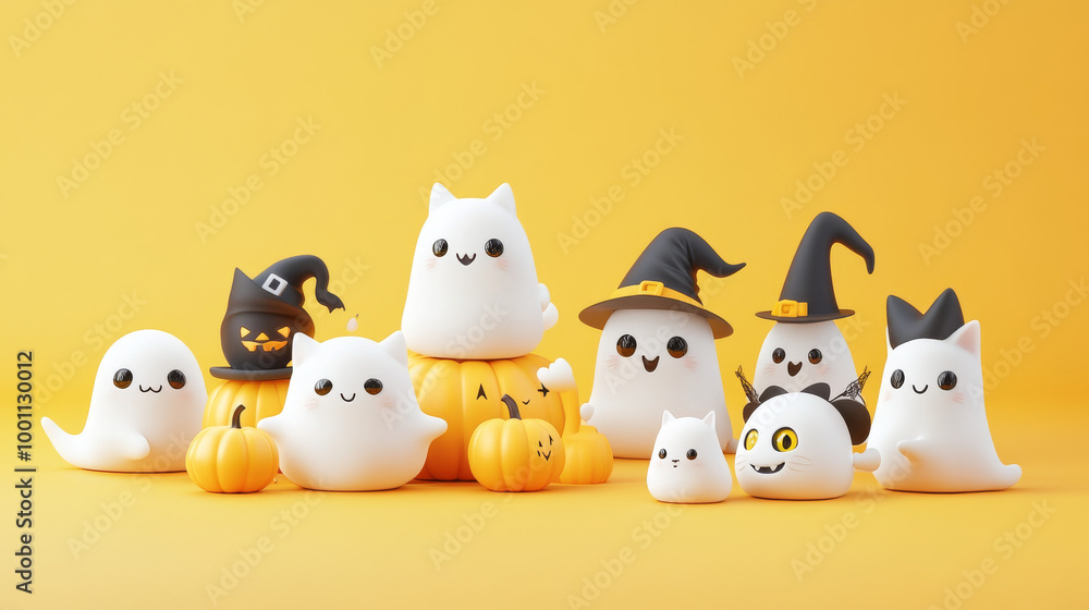 A group of adorable 3D Halloween ghosts are shown against a yellow background. Some are wearing witch hats, while others are plain. There are also cute cat ghosts with and without witch hats. A group of adorable 3D Halloween ghosts are shown against a yellow background. Some are wearing witch hats, while others are plain. There are also cute cat ghosts with and without witch hats.