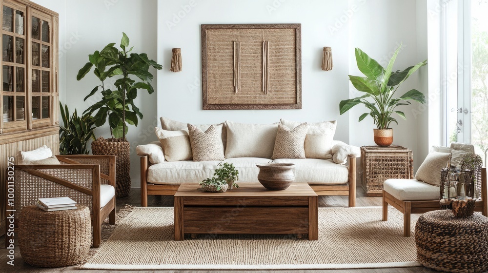 Modern boho living room with natural wood furniture, earthy tones, and woven decor pieces, blending contemporary style with bohemian touches. Modern boho living room with natural wood furniture, earthy tones, and woven decor pieces, blending contemporary style with bohemian touches.