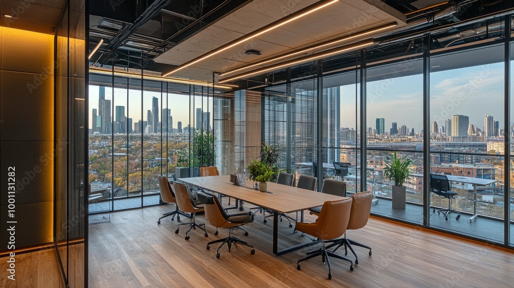 Modern office with glass walls, a large meeting table, and coworking desks, highlighted by a panoramic window showcasing an urban landscape. Modern office with glass walls, a large meeting table, and coworking desks, highlighted by a panoramic window showcasing an urban landscape.