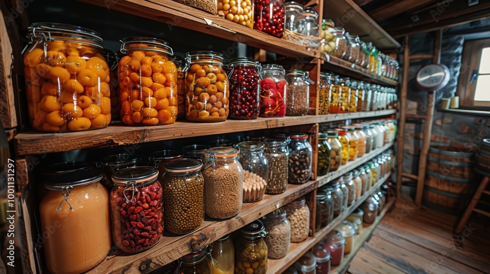 A beautifully organized pantry showcasing an array of preserved fruits, vegetables, legumes, and pickles stored in glass jars on wooden shelves A beautifully organized pantry showcasing an array of preserved fruits, vegetables, legumes, and pickles stored in glass jars on wooden shelves