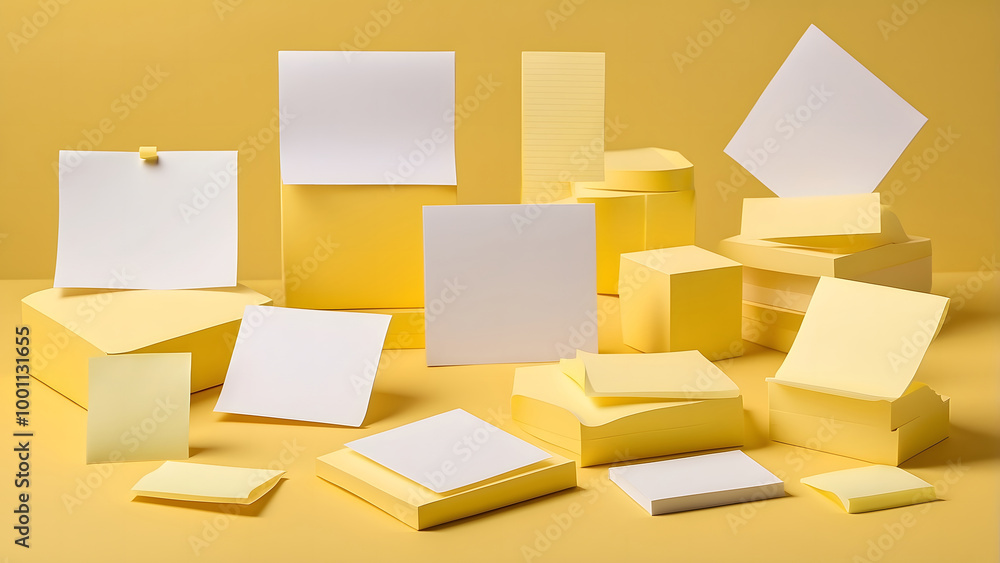 Fototapeta premium Vivid Yellow Background with Falling White Papers