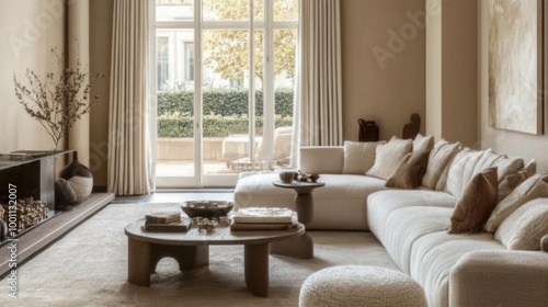 Neutral modern living room decor with soft tones, elegant furniture, and cozy textiles, creating a relaxing and comfortable atmosphere.