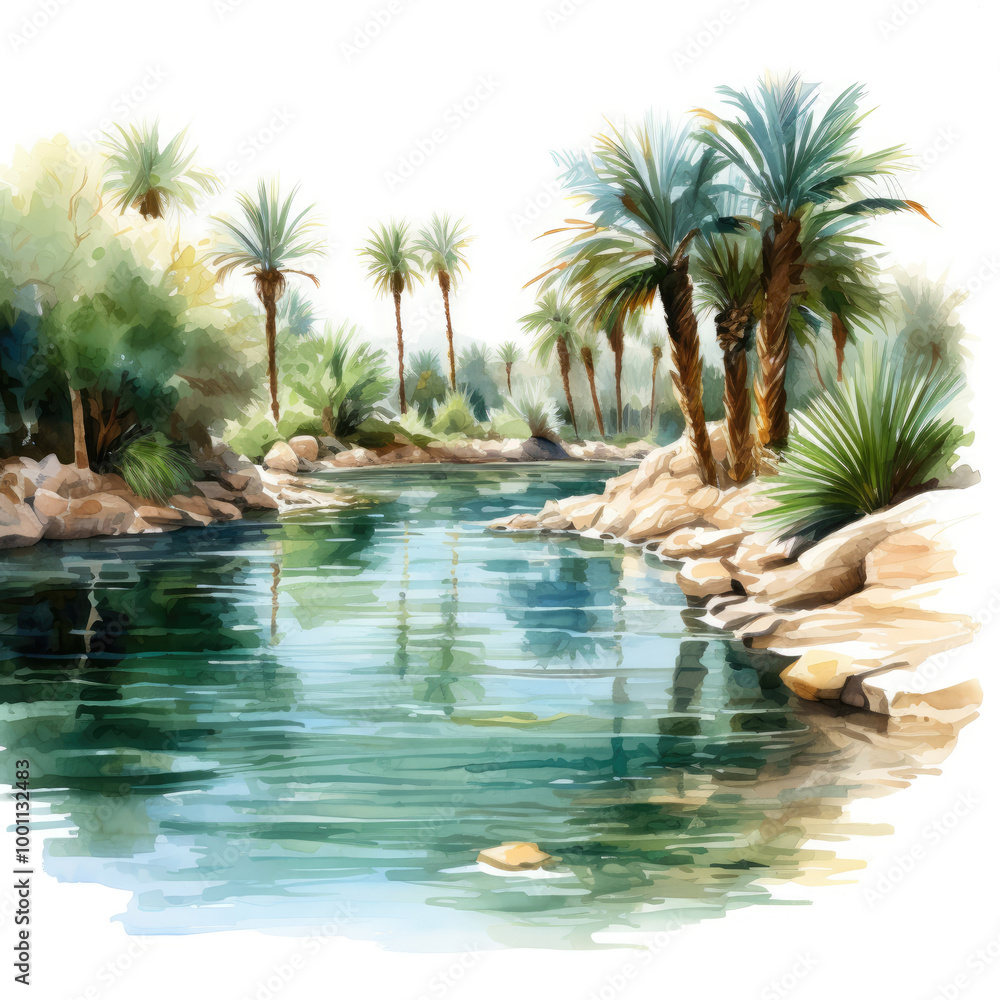 Fototapeta premium Watercolor painting of oasis with white background