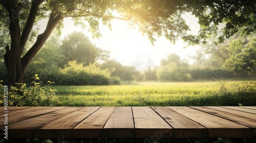 Wooden Tabletop with a Lush Summer Meadow Background