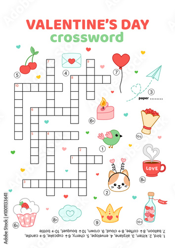 Crossword. Love, heart. Valentines day. English words. Educational puzzle game for kids. Cartoon, vector