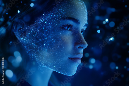 A woman analyzing futuristic holographic data, showcasing innovation and advanced technology, surrounded by binary code and designed in a wireframe plexus style.