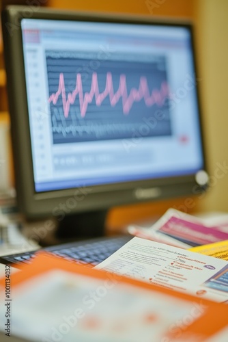 A computer screen displaying a medical graph with documents in the foreground.