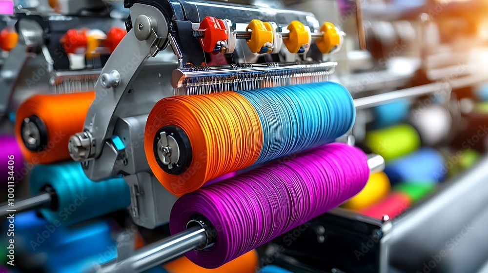 Reels of colorful thread are lined up on textile machinery, the factory humming with life. Reels of colorful thread are lined up on textile machinery, the factory humming with life.