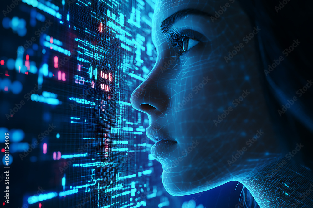 A woman analyzing futuristic holographic data, showcasing innovation and advanced technology, surrounded by binary code and designed in a wireframe plexus style. A woman analyzing futuristic holographic data, showcasing innovation and advanced technology, surrounded by binary code and designed in a wireframe plexus style.