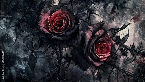 Fototapeta Naklejka Na Ścianę i Meble -  Dark, moody artwork featuring two striking red roses enveloped in intricate black thorns against a textured, shadowy background.