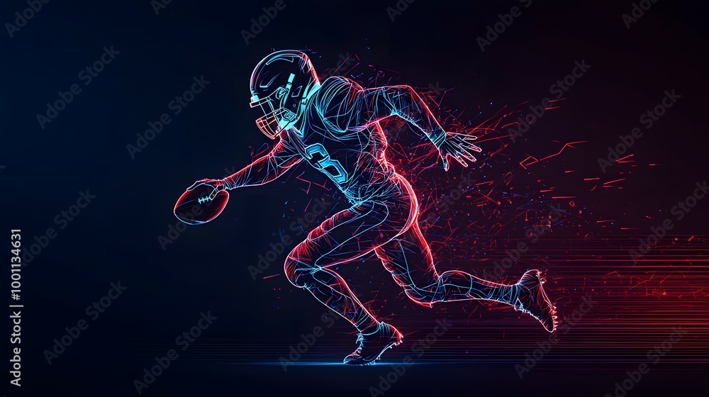 A football player sprints forward with intensity, illuminated by neon colors against a dark backdrop. American Football Concept