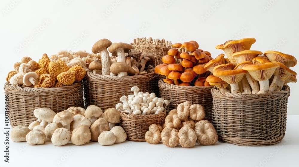 A selection of colorful, juicy mushrooms displayed in woven baskets, emphasizing their organic shapes and textures with a clean, bright background. A selection of colorful, juicy mushrooms displayed in woven baskets, emphasizing their organic shapes and textures with a clean, bright background.