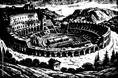 Detailed Vintage Illustration of Ancient Roman Amphitheater Ruins