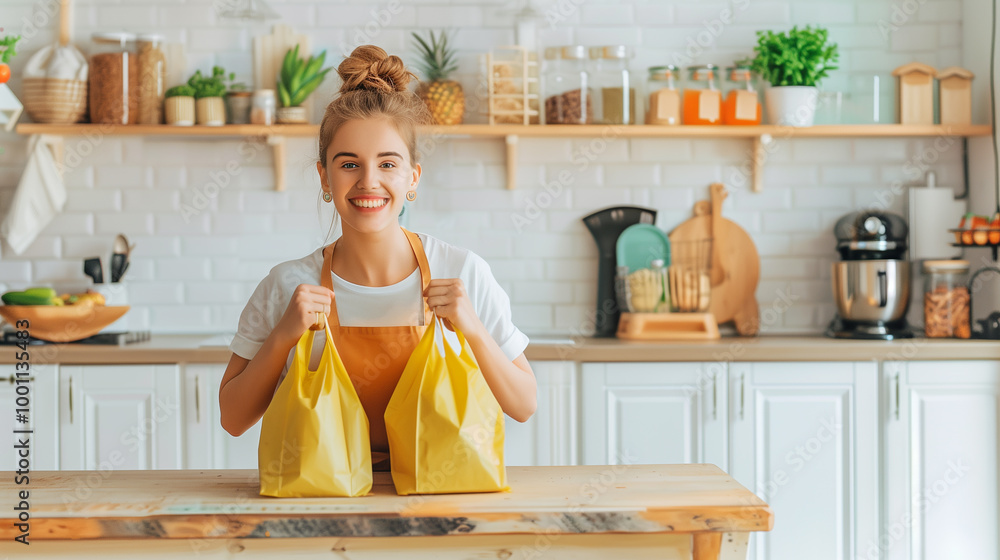 A young blonde female in a white t-shirt in the kitchen, unpacking a delivery bag of fruits and vegetables. A young blonde female in a white t-shirt in the kitchen, unpacking a delivery bag of fruits and vegetables.