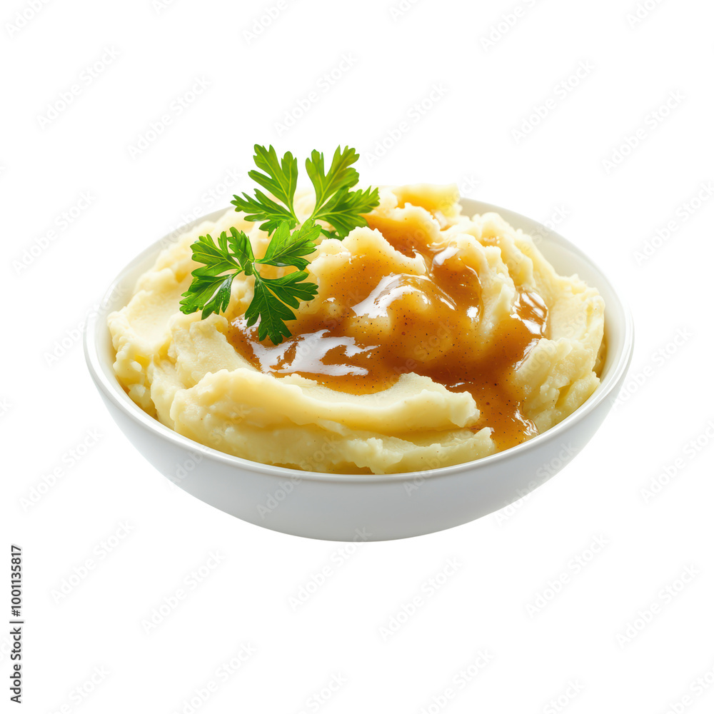 Creamy mashed potatoes with savory gravy and parsley garnish Creamy mashed potatoes with savory gravy and parsley garnish