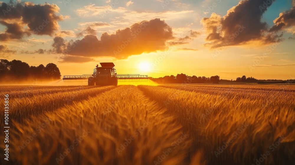 A serene sunset over a wheat field, with a farmer spraying pesticide, the scene blending the beauty of nature with the reality of modern farming techniques A serene sunset over a wheat field, with a farmer spraying pesticide, the scene blending the beauty of nature with the reality of modern farming techniques