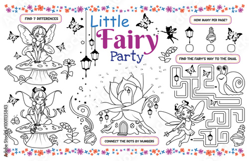 Festive placemat for children. Printable "Little fairy party" activity sheet with a maze, dot to dot game, and find differences. 17x11 inch printable vector file	