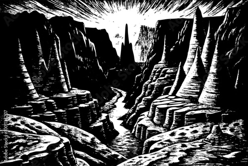 Vintage Woodcut Illustration of Dramatic Canyon Landscape in Black and White