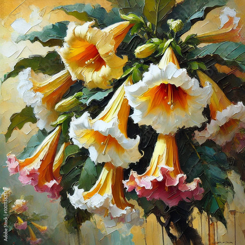 Brugmansia lowers bloosom. A vibrant display of Angel's Trumpet flowers with soft yellow and pink hues, captured in an artistic oil painting style. photo