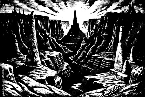 Monochrome Fantasy Landscape with Dramatic Canyon and Spire