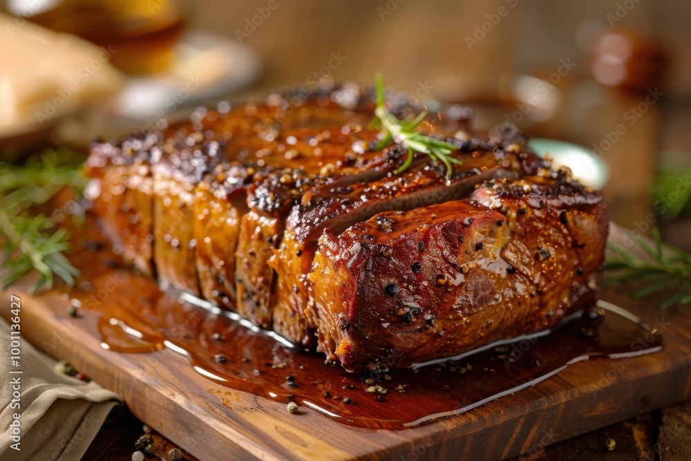 Juicy Prime Rib Roast with Rosemary and Red Wine Sauce on Wooden Board
Juicy Prime Rib Roast with Rosemary and Red Wine Sauce on Wooden Board