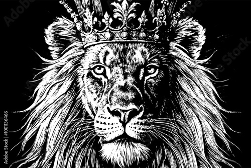 Majestic Lion with Regal Crown Intricate Black and White Illustration photo