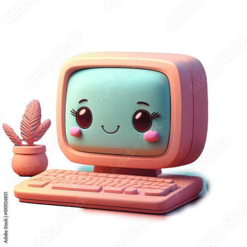 A cartoon computer monitor with a smiling face and pink keyboard