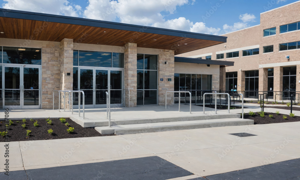 custom made wallpaper toronto digitalA modern building with large windows and a concrete patio sits in front of a larger building with a brick facade