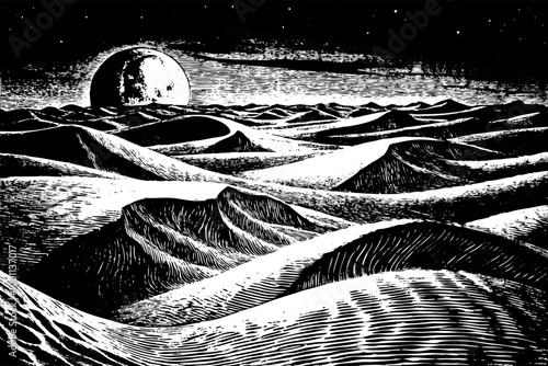 Monochrome Desert Landscape with Moonlit Sand Dunes and Starry Night Sky