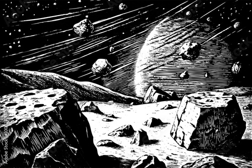 Retro Space Illustration of Asteroid Field with Distant Planetary View