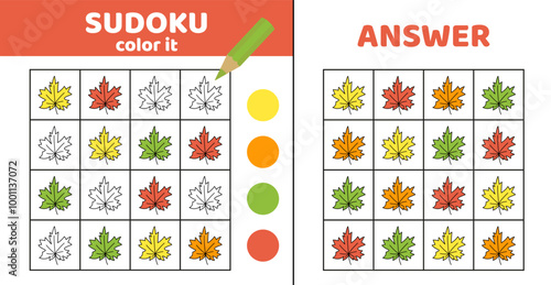 Sudoku with maple leaves. Coloring sudoku with maple leaves. Cartoon.