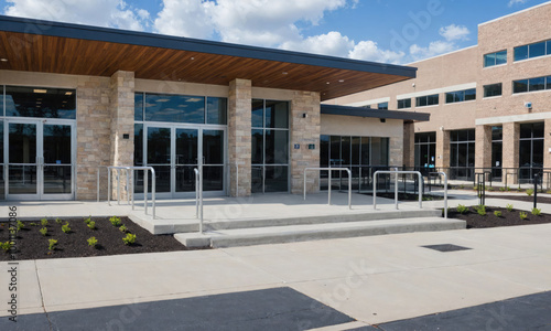 Wallpaper Mural A modern building with large windows and a concrete patio sits in front of a larger building with a brick facade Torontodigital.ca