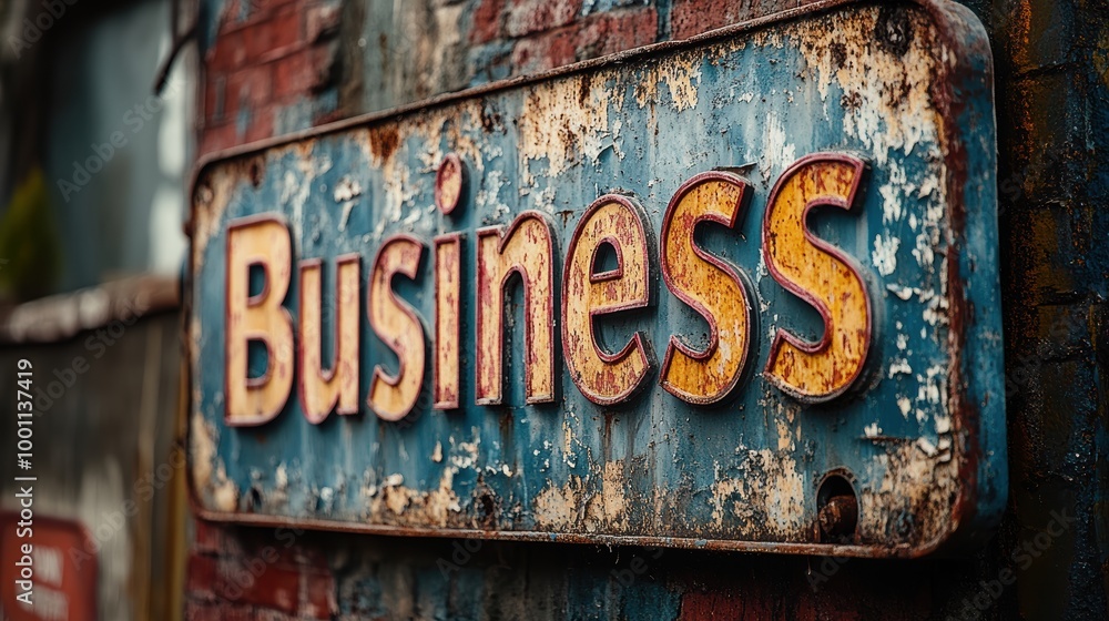 An aged and weathered metal sign with the word Business prominently displayed on a distressed background of brick and peeling paint, evoking a sense of industrial history An aged and weathered metal sign with the word Business prominently displayed on a distressed background of brick and peeling paint, evoking a sense of industrial history