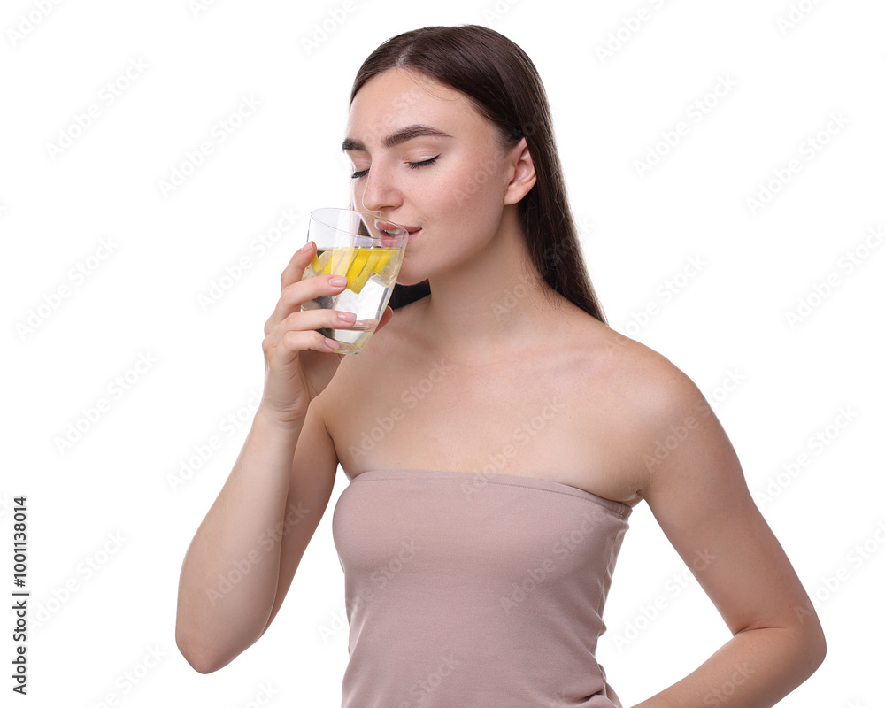 Woman drinking water with lemon on white background Woman drinking water with lemon on white background