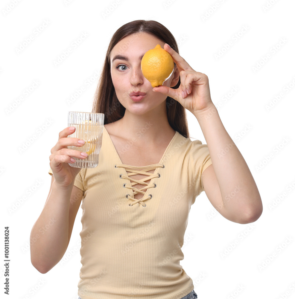 Woman with glass of lemon water and fruit on white background Woman with glass of lemon water and fruit on white background