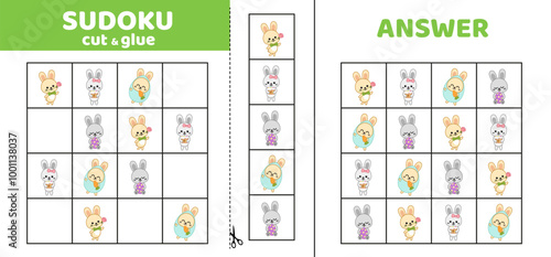 Sudoku with four Easter bunnies. Game puzzle for kids. Cut and glue. Cartoon .